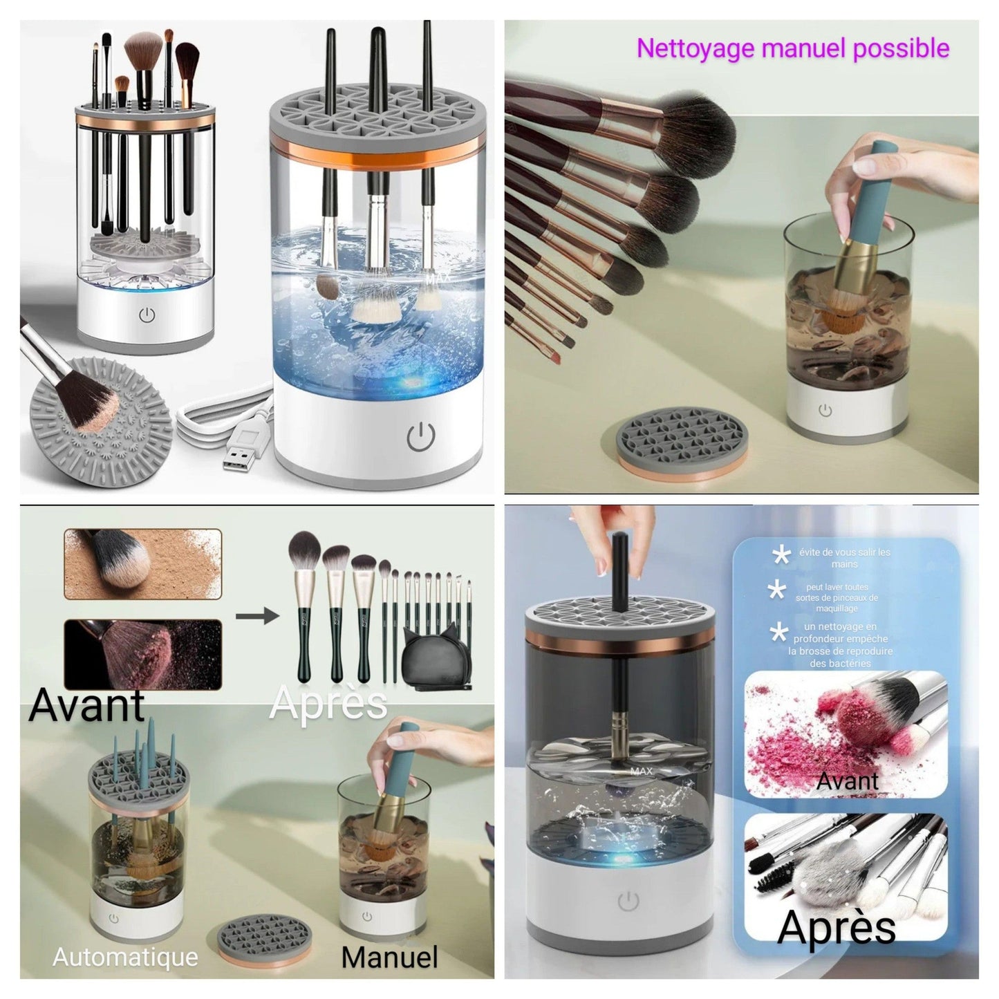 Machine de nettoyage de pinceaux maquillage électrique portable 3en1 - منظف ومجفف فرش المكياج الأوتوماتيكي